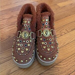 Kurt Geiger Brown Suede Studded Heart-Embellished Ankle Loafers with Shearling